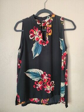 LOFT Tropical Floral Sleeveless Blouse High Mock Neck Keyhole Top Gray Red XS